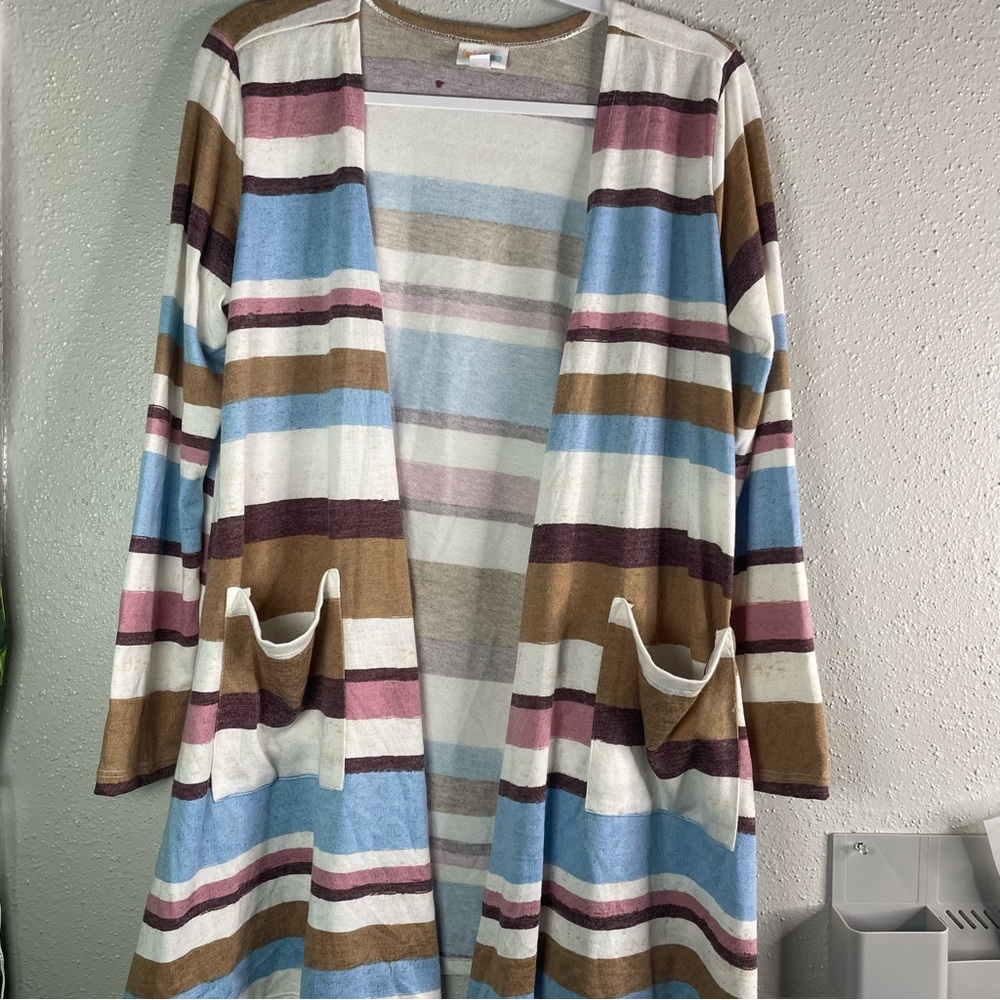 LuLaRoe Cream and Blue Striped Cardigan Sweater